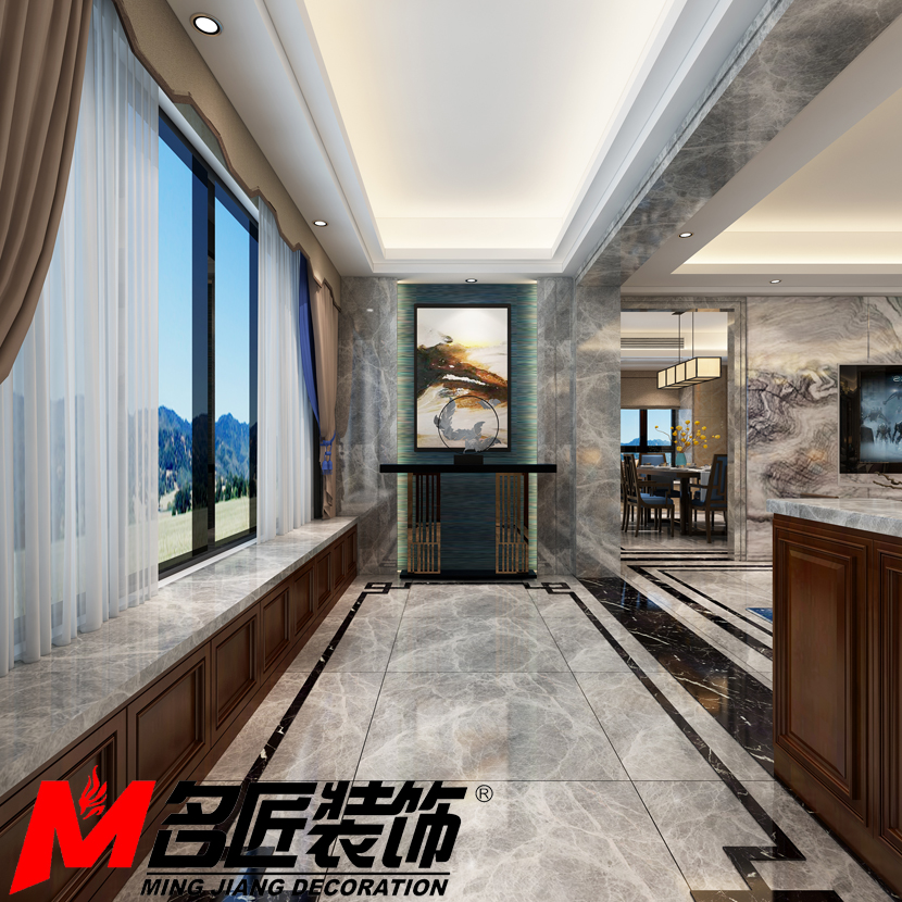 新中式風格室內(nèi)裝修設計效果圖-御景江南三居133平米-室內(nèi)裝修設計玄關(guān)